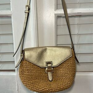 Michael Kors Naomi medium tan straw crochet cross body bag with gold leather